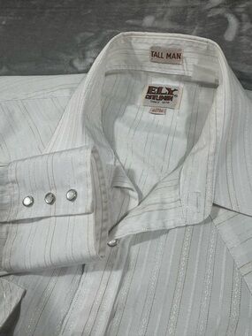 Ely Cattleman Men's L Tall White Gold Silver Stripes Western Shirt Pearl Snap